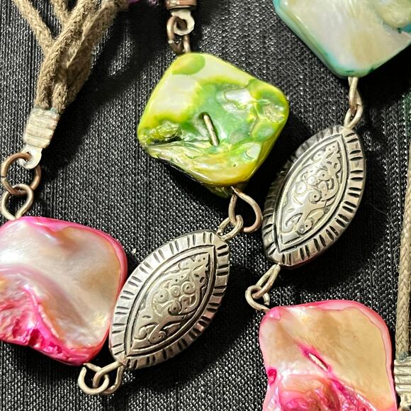 Multicolored Long MOP Shells on Brown Cord Necklace Silver Tone Beads 38-42" - Picture 4 of 5